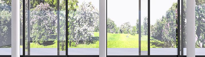 An empty room with a wood floor, featuring a wall of black, floor-to-ceiling sliding doors looking out onto a sunny garden
