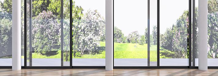 An empty room with a wood floor, featuring a wall of black, floor-to-ceiling sliding doors looking out onto a sunny garden
