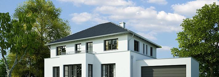 A large modern white house with a dark roof, driveway, and black steel-replacement windows and sliding doors