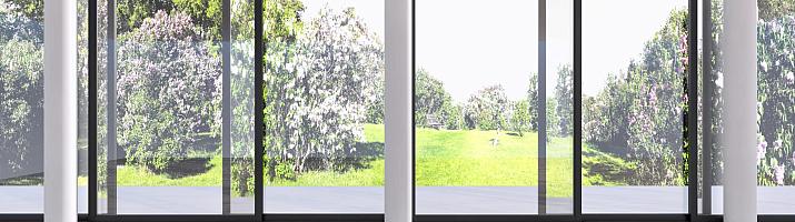 An empty room with a wood floor, featuring a wall of black, floor-to-ceiling sliding doors looking out onto a sunny garden