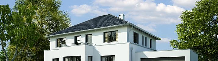A large modern white house with a dark roof, driveway, and black steel-replacement windows and sliding doors