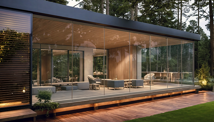 A modern, wood-panelled garden room with floor-to-ceiling glass walls and sliding doors, looking out onto a dark forest