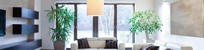 A modern living room with white leather sofas and dark-framed double doors in the background leading to a garden.