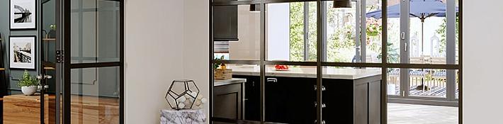 Modern room with black and white tile, featuring a black Origin OI-30 screen and a matching open bifold door