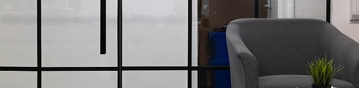 A long black steel-look glass screen and door in an office corridor, with a 'PULL' sticker and a large plant leaf in the foreground