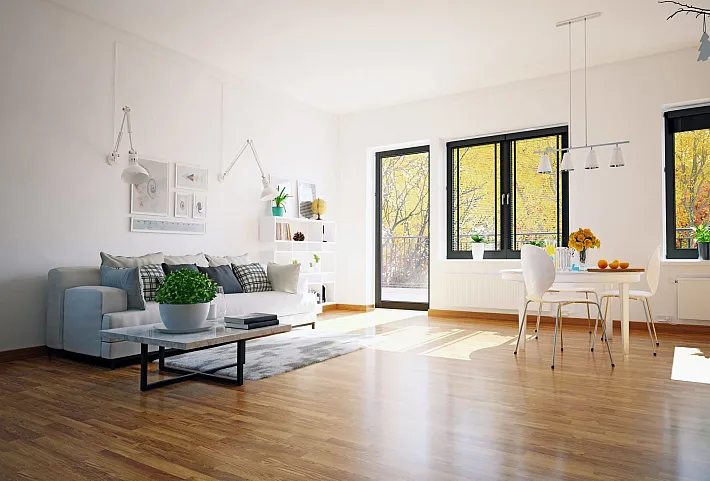 Bright, open-plan living room with a black-framed single door open to a sunny balcony and a matching window