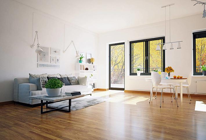 Bright, open-plan living room with a black-framed single door open to a sunny balcony and a matching window