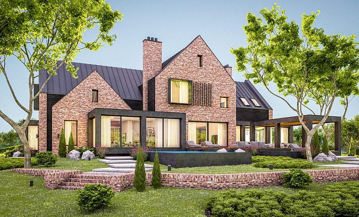 A large modern brick house with a pool, featuring extensive black aluminium sliding doors and large aluminium windows