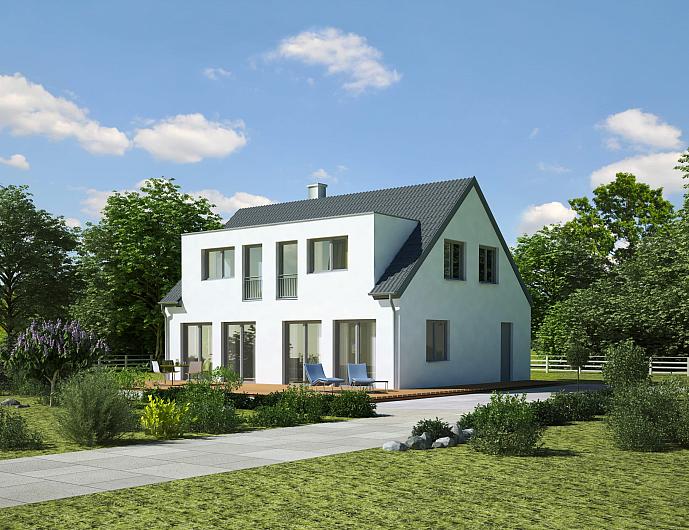 A modern white house with a dark roof and a deck, featuring dark-framed aluminium windows and patio doors