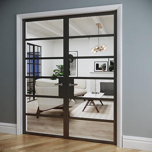Closed black steel-look French doors with horizontal bars, viewed from a hallway, looking into a modern living room