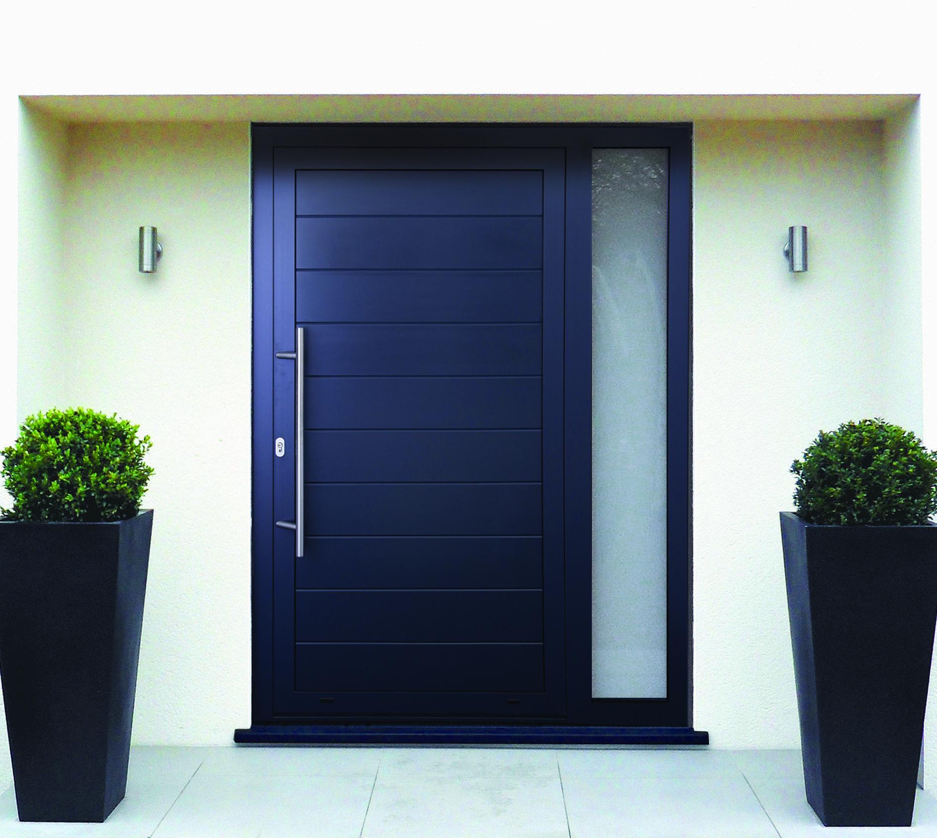 A modern, solid dark grey front door with horizontal panels, a vertical handle, and a frosted glass side panel