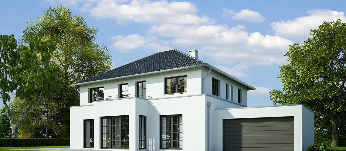 A modern white house with a driveway, featuring dark-framed Smart Systems windows and large steel-look doors