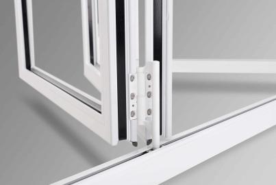 Close-up detail of the white hinge mechanism and seals on an Origin bifold door