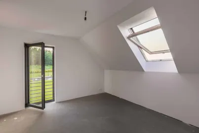 An empty attic room with a skylight and a single, dark-framed Origin door open to a balcony overlooking a garden