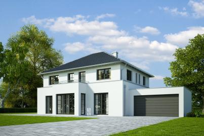 A large modern white house with a dark roof, driveway, and black steel-replacement windows and sliding doors