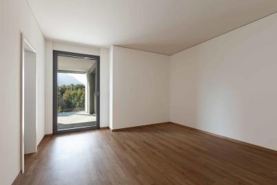 An empty, unfurnished room with wooden floors and white walls, featuring a closed, dark-framed Alitherm single door