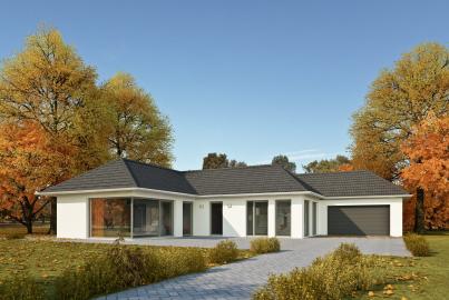 A modern white bungalow with a dark roof and a large Origin OS-44 sliding door, surrounded by autumn trees