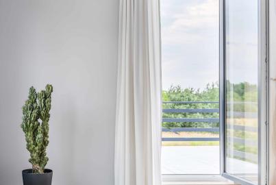 A minimal room with a large cactus. A single white Alitherm door is open to a balcony, with a white curtain pulled aside