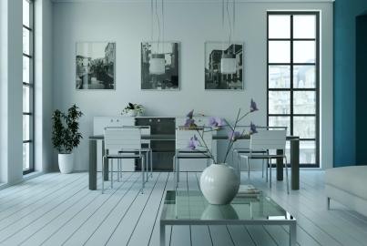 A modern dining room with white floors and a tall, black steel-look window with a grid pattern