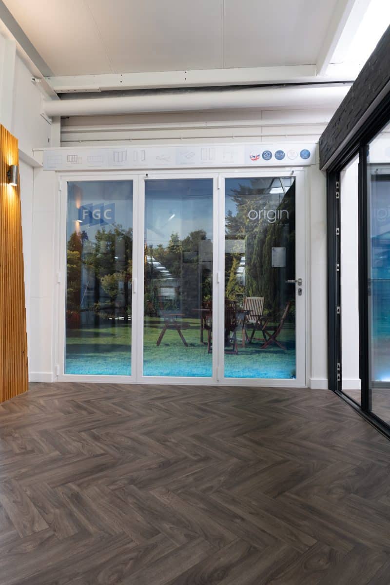 origin patio doors in a showroom