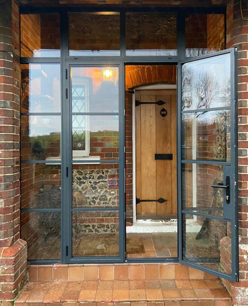 steel look aluminium doors designed as a front porch