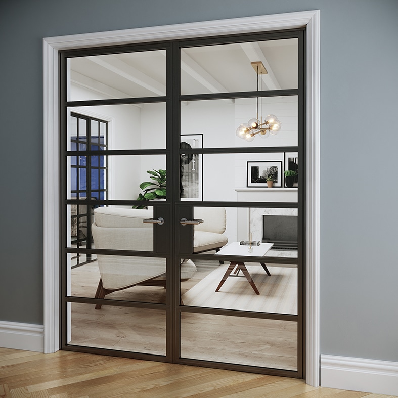 black steel look doors to a home office